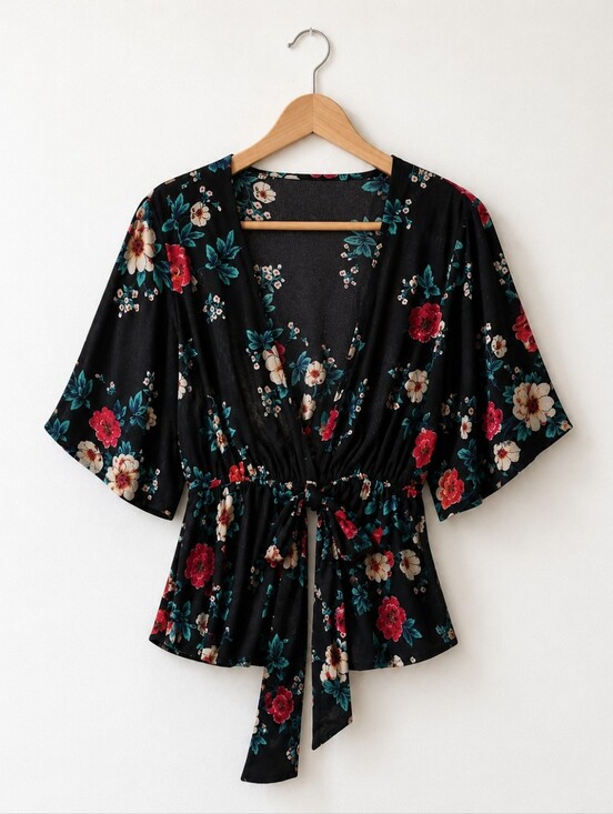 Tops - Boho Floral Kimono Sleeve Wrap Top Black Pink Teal Tie Front Peplum Blouse Women